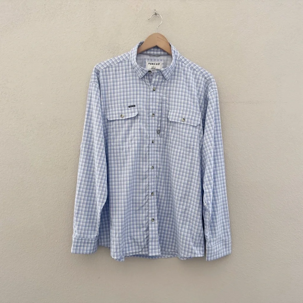 Poncho Original Shirt Mens Large Plaid Blue Outdoor Fishing Casual Utility Tech - Picture 4 of 12
